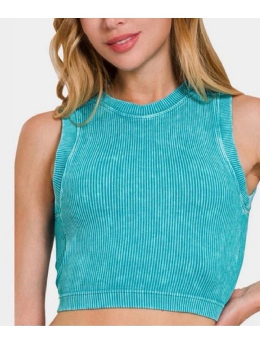 Zenana Womens Teal Mineral Wash Ribbed Crop Top NTW-6164A S/M or L/XL Sleeveless